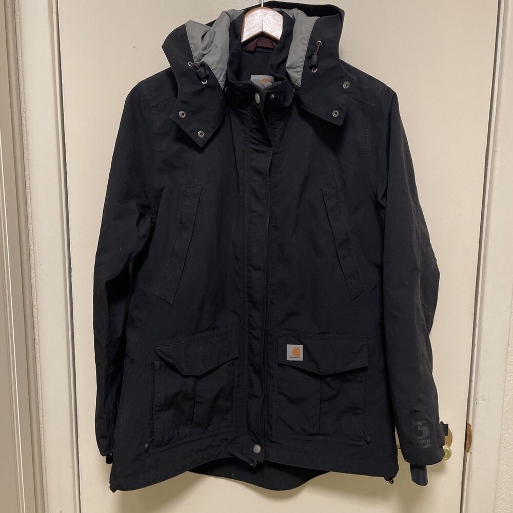 Carhartt Jacket Womens Large Black Storm Defender Lined Work Hood Coat Lady